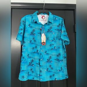 Canadian Weather Gear Tropical Blue Hawaiian Flamingo Button Up Shirt NWT